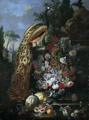 Roman School, GIOVANNI PAOLO CASTELLI, GEN. LO SPADINO ZWEI BLUMEN- UND FRÜCHTESTILLEBEN MIT PFAUEN, MEERSCHWEINCHEN UND SCHILDKRÖTEN., Öl auf Leinwand (doubliert)