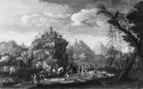 Umkreis Antonio Stom, BERGLANDSCHAFT MIT REICHER PERSONENSTAFFAGE., Öl auf Leinwand