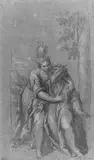 Sebastiano Galeotti, ALLEGORIE AUF DIE FÜRSTLICHE TUGEND., Feder in Braun, braun laviert und weiß gehöht, auf graugrünem Bütten (WZ: BB)
