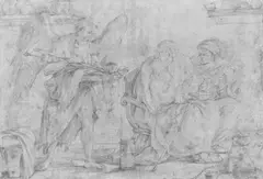 Giuseppe Maria Mitelli, CHRONOS, DER GOTT DER ZEIT, ERSCHEINT EINEM ALTEN PAAR., Rötel auf Bütten (WZ: Mediciwappen)