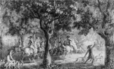 Joseph Georg Winter, HÖFISCHE JAGDGESELLSCHAFT ZU PFERD BEI DER HIRSCHJAGD., Feder in Braun und Grau, grau laviert, auf Bütten (WZ: bekröntes Lilienwappen und C & I Honig)