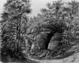 Cantius Dillis, WALDLANDSCHAFT MIT FELSGROTTE., Verso Landschaftsstudie (Feder, laviert, über Bleistift)