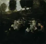 Friedrich Stahl, BOCCACCIO SEINEN ZUHÖRERINNEN GESCHICHTEN AUS DEM DECAMERONE ERZÄHLEND., Öl auf Leinwand