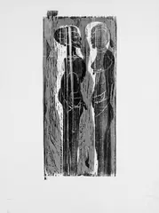Gerhard Altenbourg, Schweigendes Betrachten, Original-Farbholzschnitt in Schwarz und Blau auf gelblichem glatten Papier