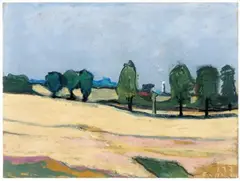 Weizen mit Bäumen by Klaus Fußmann, Pastellkreidezeichnung auf bräunlichem Bütten, sold Nov 2003