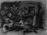 Alfred Hrdlicka, Chatila (Studie zum Schlachtenprospekt), Kreide und Pastell auf grauem Bütten
