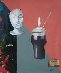 Martin Kippenberger, Mädchen verwechselten Pattex mit ihrer Pille, Öl mit Zeitungsausschnitt collagiert auf Leinwand