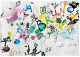 Jean Tinguely, Ohne Titel, Gouache, Farbstifte, Bleistift und Kugelschreiber collagiert mit Feder, Bonbonpapier, Abziehbildern u.a. auf zuvor gefalztem dünnen Karton