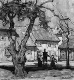 Richard Albitz, Das gelbe Haus, Öl auf Leinwand, auf Malkarton aufgezogen