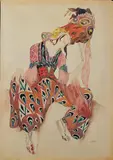 Orientalischer Tänzer by Léon (Lew Samoilowitsch bzw. Leib-Chaim Israilewitsch Rosenberg) Bakst, Aquarell und Pinselzeichnung über Bleistift- und Rötelvorzeichnung auf bräunlichem einfachen Zeichenpapier, sold Nov 2003