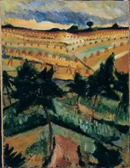 Herm Dienz, Landschaft mit Getreidefeldern, Öl auf Karton