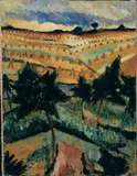 Herm Dienz, Landschaft mit Getreidefeldern, Öl auf Karton