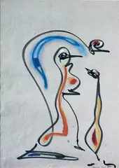 Les chiens ont soif by Max Ernst, Tuschpinsel und Pastellkreiden auf hellgrauem Büttenpapier, sold Nov 2003