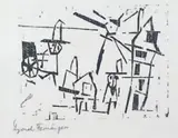 Lyonel Feininger, Männer, Häuser, Laterne und Schiebkarren, Original-Holzschnitt auf sehr dünnem Chinabütten