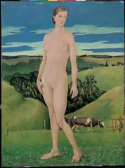 Barthel Gilles, Mädchenakt vor bergischer Landschaft, Eitempera auf Holz