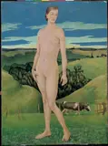 Barthel Gilles, Mädchenakt vor bergischer Landschaft, Eitempera auf Holz