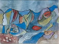 Werner Gilles, Blaue Berge. Rückseitig Rosa Landschaft mit Mond, Gouache auf handgeschöpftem Papier