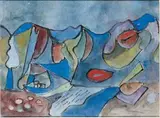 Werner Gilles, Blaue Berge. Rückseitig Rosa Landschaft mit Mond