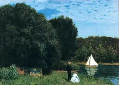 Landschaft mit Segelboot by Karl Hofer, Öl auf Karton, auf Holz aufgezogen, sold Nov 2003