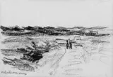 Max Liebermann, Dünenlandschaft mit zwei Figuren, Kohlezeichnung auf Velin
