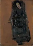 Max Liebermann, Mädchen mit Haspel - Studie zur "Flachsscheuer in Laren", Öl auf Karton, auf Pappe aufgezogen