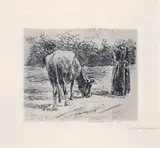 Max Liebermann, Junge Hirtin, Original-Radierung auf gelblichem Van Geldern-Bütten
