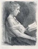 Max Liebermann, Lesendes Mädchen, Original-Lithographie auf Van Geldern-Bütten