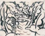 Walter Ophey, Parklandschaft, Schwarze und braune Ölkreidezeichnung auf pergamentartigem Zeichenblockpapier mit perforiertem Oberrand