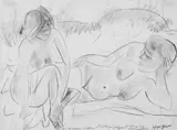 Max Pechstein, Zwei weibliche Akte am Strand, Bleistiftzeichnung, stellenweise gewischt, auf glattem Papier