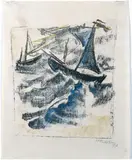 Max Pechstein, Boote im Sturm, Original-Lithographie, aquarelliert, auf Similijapan