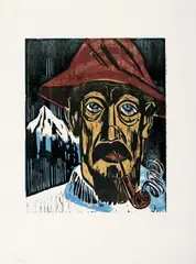 Rauchender Schweizer by Max Pechstein, Original-Farbholzschnitt (Reiberdruck), die Farbstöcke monotypieartig mit dem Pinsel eingefärbt, auf schwerem Velin, sold Nov 2003