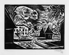 Dorfstraße by Max Pechstein, Original-Holzschnitt (Reiberdruck) auf gelblichem Zanders-Bütten, sold Nov 2003