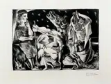 Pablo Picasso, Minotaure aveugle guidé par Marie-Thérèse au pigeon dans une nuit étoilée, Original-Radierung (Kaltnadel, Grabstichel und Aquatinta, stellenweise geschabt) auf gelblichem Bütten mit dem Wasserzeichen "Vollard"