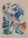 Max Pechstein, Strahlende Sonne, Original-Lithographie, aquarelliert, auf Velin