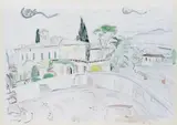 Hans Purrmann, Villa am Bellosguardo, Florenz, Bleistiftzeichnung und Aquarellfarben auf festem Aquarellpapier mit Wasserzeichen "EMP" (Krone)