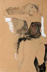 Egon Schiele, Zwei Frauen, Aquarell und Gouache über Bleistiftzeichnung auf leicht faserigem, glatten Papier (Similijapan)