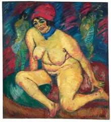 Georg Tappert, Weib (Kauernde mit rotem Turban), Öl auf Leinwand, doubliert