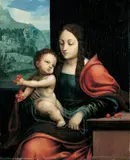 Nachfolge Joos van Cleve, MARIA MIT KIND (MADONNA MIT DEN KIRSCHEN)., Öl auf Holz (parkettiert)