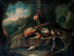 Adriaen de Gryef, JAGDSTILLEBEN MIT ERLEGTEM WILDGEFLÜGEL VOR LANDSCHAFTSHINTERGRUND., Öl auf Leinwand (doubliert)