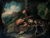 Adriaen de Gryef, JAGDSTILLEBEN MIT ERLEGTEM WILDGEFLÜGEL VOR LANDSCHAFTSHINTERGRUND., Öl auf Leinwand (doubliert)