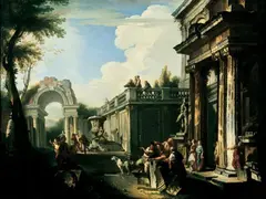Andrea Locatelli, ARCHITEKTURCAPRICCIO MIT WASSERSPIEL., Öl auf Leinwand (doubliert)