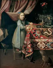 Sebastian Stoskopff, MÄDCHEN MIT HUND UND BREZEL., Öl auf Leinwand