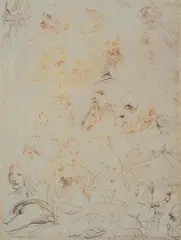 Agostino Carracci, DOPPELSEITIGES STUDIENBLATT MIT FIGUREN- UND KOPFSTUDIEN., Feder in Sepia und Schwarz auf Papier