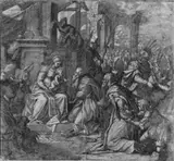zugeschrieben Lionardo Corona, DIE ANBETUNG DER KÖNIGE., Tuschpinsel, weiß gehöht, auf Papier, aufgezogen (unter Glas gerahmt)