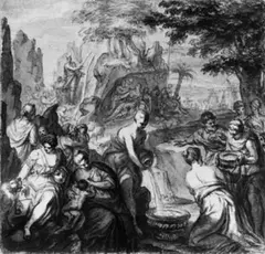 Netherlandish School, MOSES SCHLÄGT WASSER AUS DEM FELSEN., Feder und Tuschpinsel in Grau über Bleistift auf Papier
