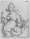 VENUS UND AMOR. by Meister der Schule von Fontainebleau, Feder in Bister auf Papier, sold Nov 2003