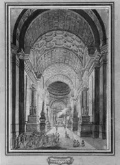 Charles de Wailly, PHANTASTISCHES KIRCHENINTERIEUR mit einer Prozession., Aquarell auf Papier (alt montiert)