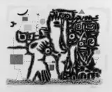 Willi Baumeister, Zwei Weltalter, Original-Lithographie, mit Aquarell und Gouache ausführlich überarbeitet, auf gelblichem, leicht genarbten Velin