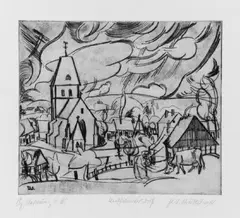 Peter August Böckstiegel, Westfälisches Dorf I, Original-Radierung (Kaltnadel) auf schwerem Velin