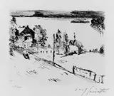 Lovis Corinth, Walchensee mit Kapelle, Original-Radierung (Kaltnadel) auf Zanders-Bütten